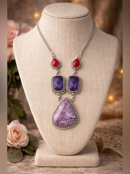 Jewelry - 💜 Boho Artisan Sterling Silver 925 Statement Necklace • Lepidolite, Ruby & Glass